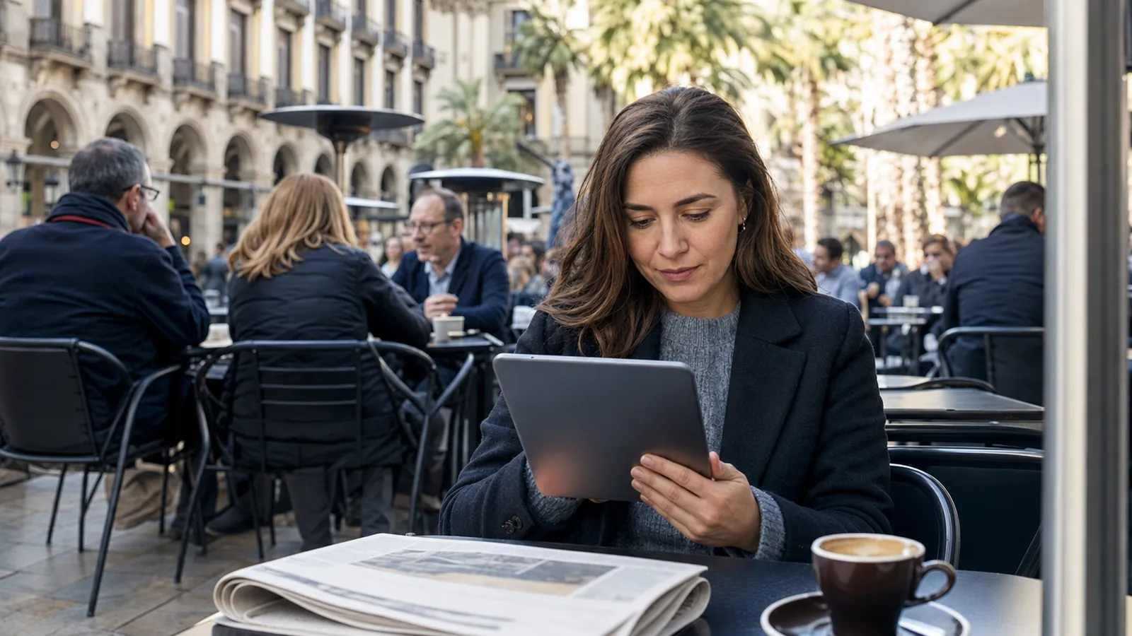 Mujer leyendo un periódico digital en una tableta en la terraza de una cafetería, con un periódico doblado y un café sobre la mesa
