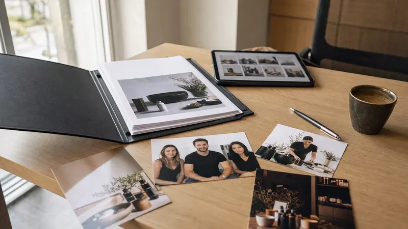 Carpeta de dossier de prensa abierta sobre una mesa de oficina, con hojas impresas, fotografías de producto y una tableta