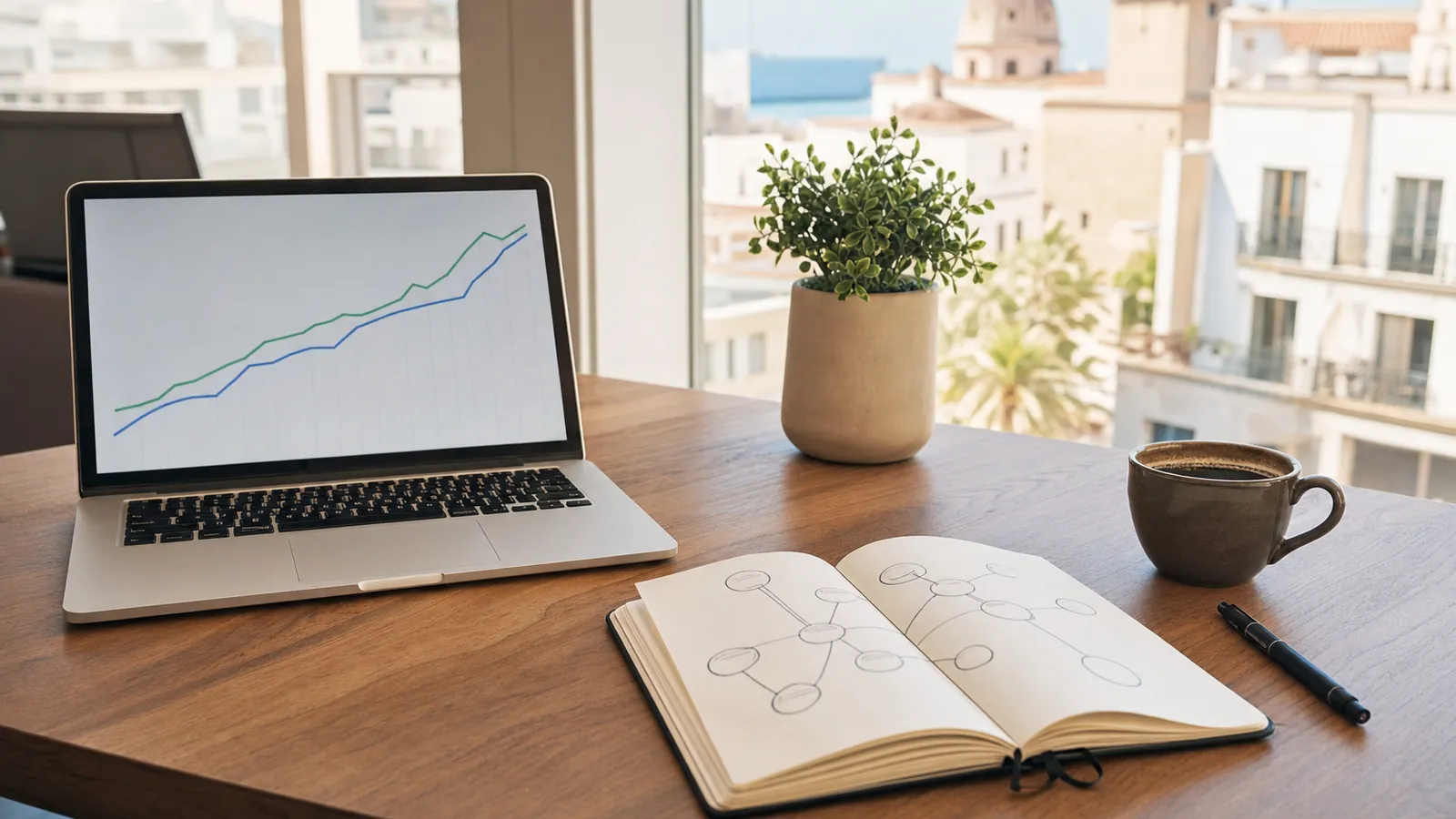 Mesa de trabajo con un portátil que muestra un gráfico de crecimiento, un cuaderno con un esquema de nodos conectados a mano y una taza de café